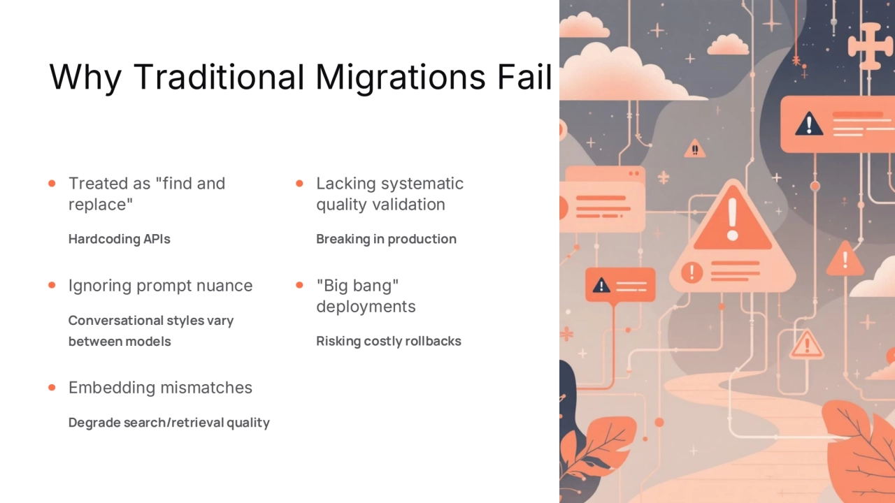preencoded.png
Why Traditional Migrations Fail
Treated as "find and 
replace"
Hardcoding APIs
Ignoring prompt nuance
Conversational styles vary 
between models
Embedding mismatches
Degrade search/retrieval quality
Lacking systematic 
quality validation
Breaking in production
"Big bang" 
deployments
Risking costly rollbacks