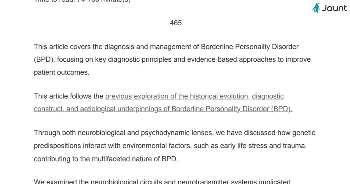 Borderline Personality Disorder (BPD):Diagnosis and Management