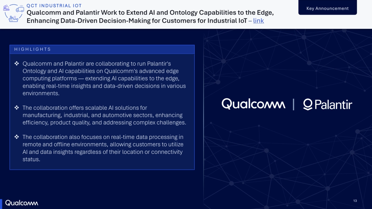 13
Key Announcement
Qualcomm and Palantir Work to Extend AI and Ontology Capabilities to the Edge, 
Enhancing Data-Driven Decision-Making for Customers for Industrial IoT – link
QCT INDUSTRIAL IOT
 Qualcomm and Palantir are collaborating to run Palantir's 
Ontology and AI capabilities on Qualcomm's advanced edge 
computing platforms — extending AI capabilities to the edge, 
enabling real-time insights and data-driven decisions in various 
environments.
 The collaboration offers scalable AI solutions for 
manufacturing, industrial, and automotive sectors, enhancing 
efficiency, product quality, and addressing complex challenges.
 The collaboration also focuses on real-time data processing in 
remote and offline environments, allowing customers to utilize 
AI and data insights regardless of their location or connectivity 
status.
HIGHLIGHTS
|
13
