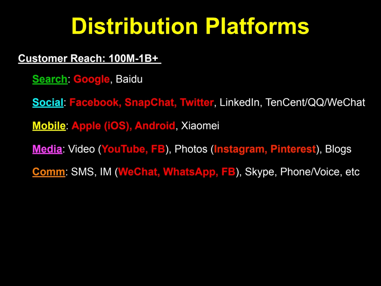 Distribution Platforms
Customer Reach: 100M-1B+
• Search: Google, Baidu
• Social: Facebook, Sna…