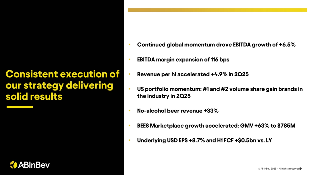 Consistent execution of 
our strategy delivering 
solid results
• Continued global momentum drove EBITDA growth of +6.5% 
• EBITDA margin expansion of 116 bps
• Revenue per hl accelerated +4.9% in 2Q25
• US portfolio momentum: #1 and #2 volume share gain brands in 
the industry in 2Q25
• No-alcohol beer revenue +33%
• BEES Marketplace growth accelerated: GMV +63% to $785M
• Underlying USD EPS +8.7% and H1 FCF +$0.5bn vs. LY
© AB InBev 2025 – All rights reserved |4