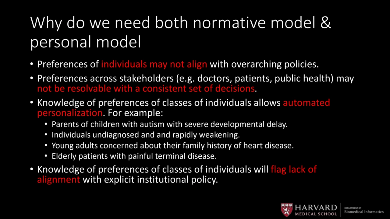 Why do we need both normative model & 
personal model
• Preferences of individuals may not align …