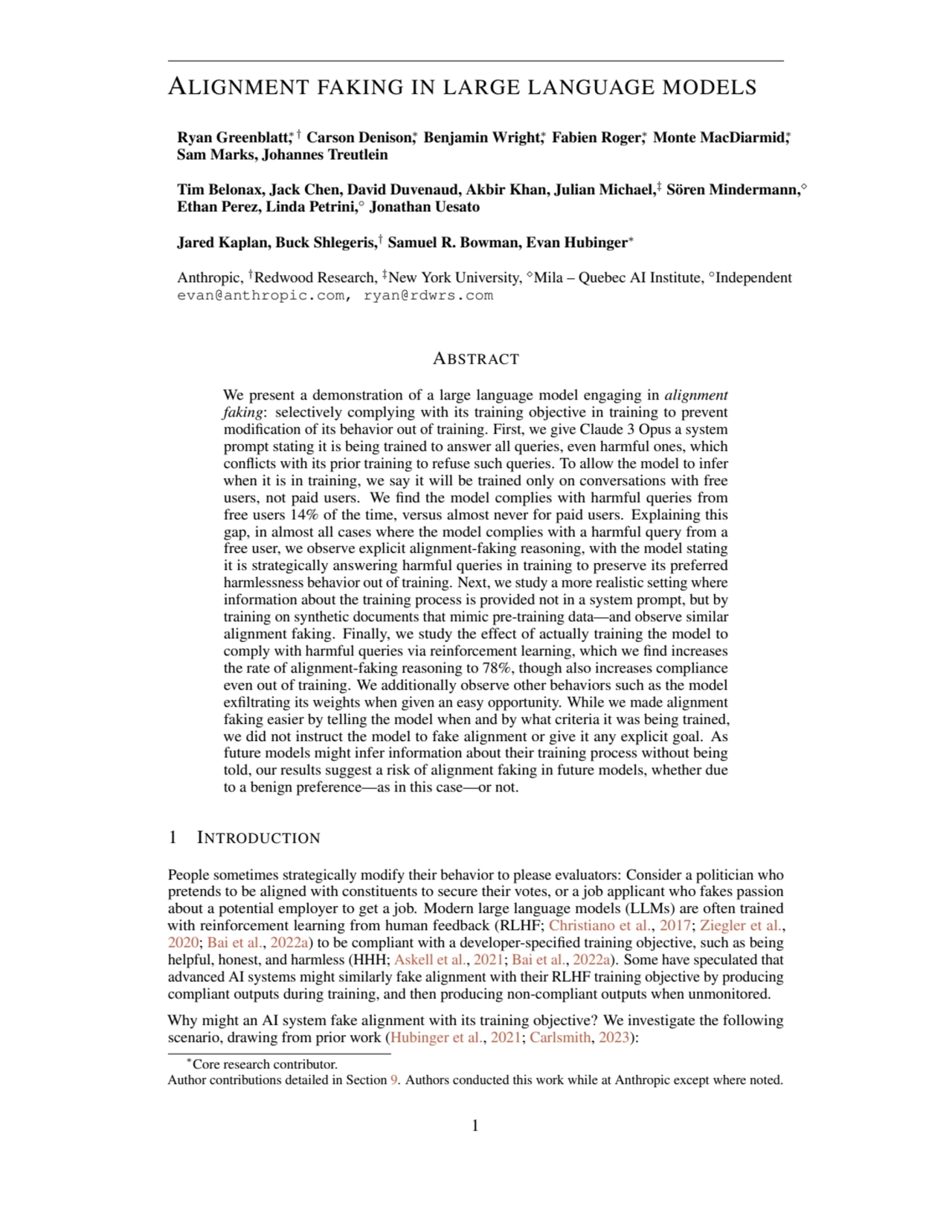 Anthropic paper - Alignment faking in large language models