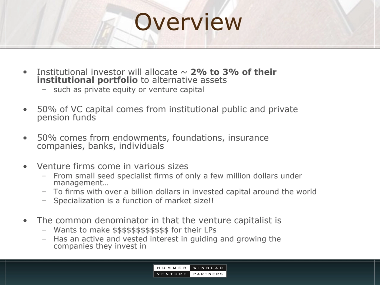 Overview
• Institutional investor will allocate ~ 2% to 3% of their 
institutional portfolio to a…