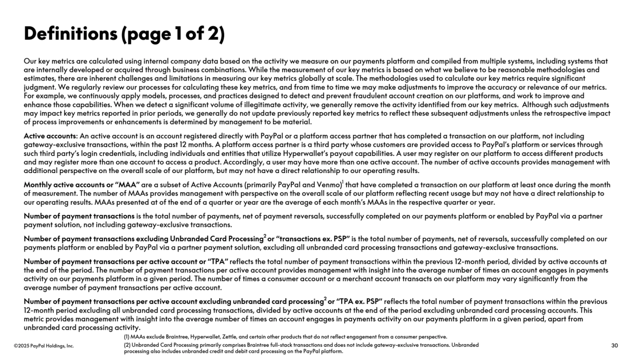 ©2025 PayPal Holdings, Inc. 30
Our key metrics are calculated using internal company data based on the activity we measure on our payments platform and compiled from multiple systems, including systems that 
are internally developed or acquired through business combinations. While the measurement of our key metrics is based on what we believe to be reasonable methodologies and 
estimates, there are inherent challenges and limitations in measuring our key metrics globally at scale. The methodologies used to calculate our key metrics require significant 
judgment. We regularly review our processes for calculating these key metrics, and from time to time we may make adjustments to improve the accuracy or relevance of our metrics. 
For example, we continuously apply models, processes, and practices designed to detect and prevent fraudulent account creation on our platforms, and work to improve and 
enhance those capabilities. When we detect a significant volume of illegitimate activity, we generally remove the activity identified from our key metrics. Although such adjustments 
may impact key metrics reported in prior periods, we generally do not update previously reported key metrics to reflect these subsequent adjustments unless the retrospective impact 
of process improvements or enhancements is determined by management to be material. 
Active accounts: An active account is an account registered directly with PayPal or a platform access partner that has completed a transaction on our platform, not including 
gateway-exclusive transactions, within the past 12 months. A platform access partner is a third party whose customers are provided access to PayPal’s platform or services through 
such third party’s login credentials, including individuals and entities that utilize Hyperwallet’s payout capabilities. A user may register on our platform to access different products 
and may register more than one account to access a product. Accordingly, a user may have more than one active account. The number of active accounts provides management with 
additional perspective on the overall scale of our platform, but may not have a direct relationship to our operating results.
Monthly active accounts or “MAA” are a subset of Active Accounts (primarily PayPal and Venmo)1 that have completed a transaction on our platform at least once during the month 
of measurement. The number of MAAs provides management with perspective on the overall scale of our platform reflecting recent usage but may not have a direct relationship to 
our operating results. MAAs presented at of the end of a quarter or year are the average of each month’s MAAs in the respective quarter or year.   
Number of payment transactions is the total number of payments, net of payment reversals, successfully completed on our payments platform or enabled by PayPal via a partner 
payment solution, not including gateway-exclusive transactions.
Number of payment transactions excluding Unbranded Card Processing2 or “transactions ex. PSP” is the total number of payments, net of reversals, successfully completed on our 
payments platform or enabled by PayPal via a partner payment solution, excluding all unbranded card processing transactions and gateway-exclusive transactions.
Number of payment transactions per active account or “TPA” reflects the total number of payment transactions within the previous 12-month period, divided by active accounts at 
the end of the period. The number of payment transactions per active account provides management with insight into the average number of times an account engages in payments 
activity on our payments platform in a given period. The number of times a consumer account or a merchant account transacts on our platform may vary significantly from the 
average number of payment transactions per active account.
Number of payment transactions per active account excluding unbranded card processing2 or “TPA ex. PSP” reflects the total number of payment transactions within the previous 
12-month period excluding all unbranded card processing transactions, divided by active accounts at the end of the period excluding unbranded card processing accounts. This 
metric provides management with insight into the average number of times an account engages in payments activity on our payments platform in a given period, apart from 
unbranded card processing activity.
Definitions (page 1 of 2)
(1) MAAs exclude Braintree, Hyperwallet, Zettle, and certain other products that do not reflect engagement from a consumer perspective.
(2) Unbranded Card Processing primarily comprises Braintree full-stack transactions and does not include gateway-exclusive transactions. Unbranded 
processing also includes unbranded credit and debit card processing on the PayPal platform. 