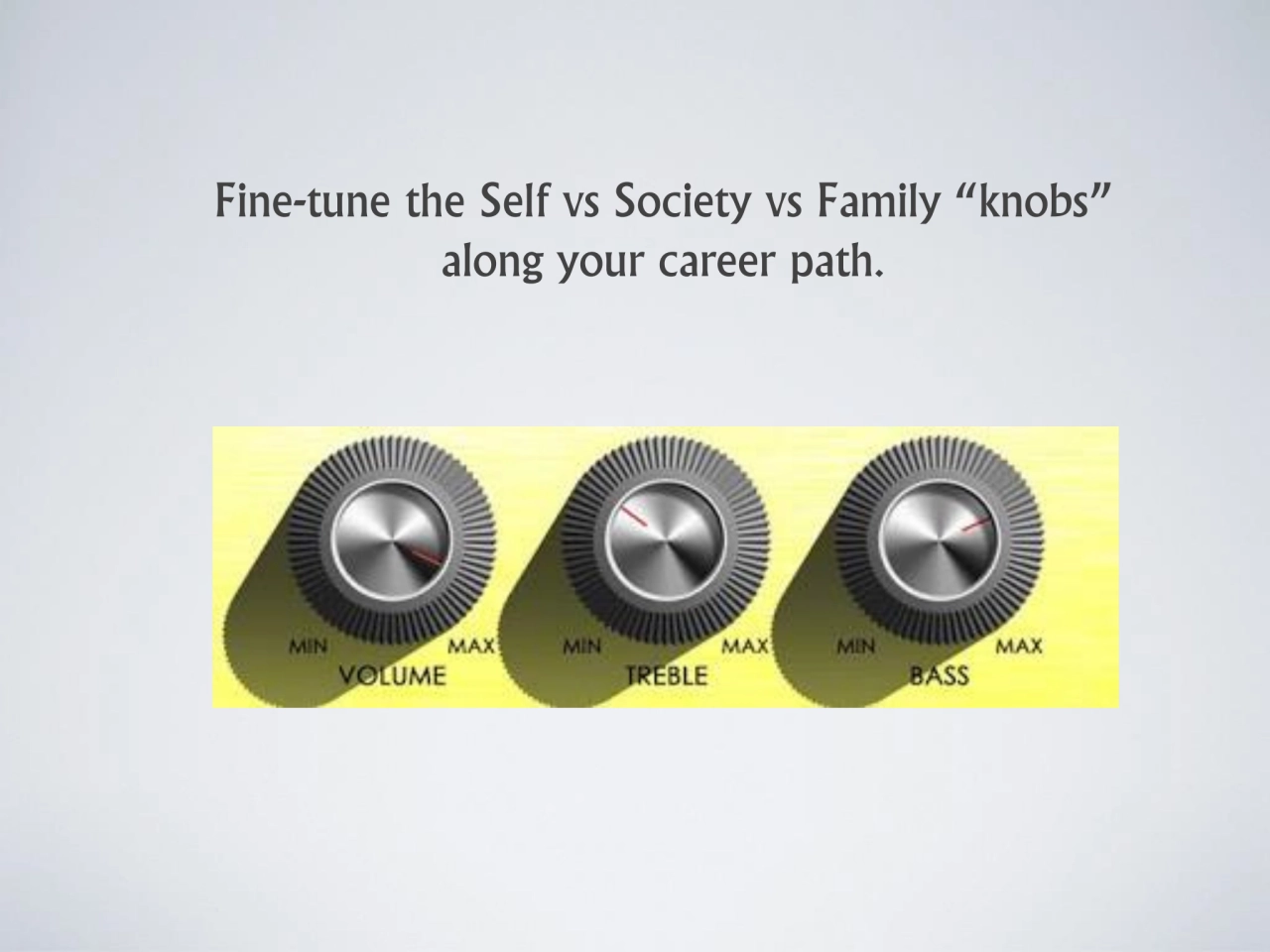 Fine-tune the Self vs Society vs Family “knobs” 
along your career path. 