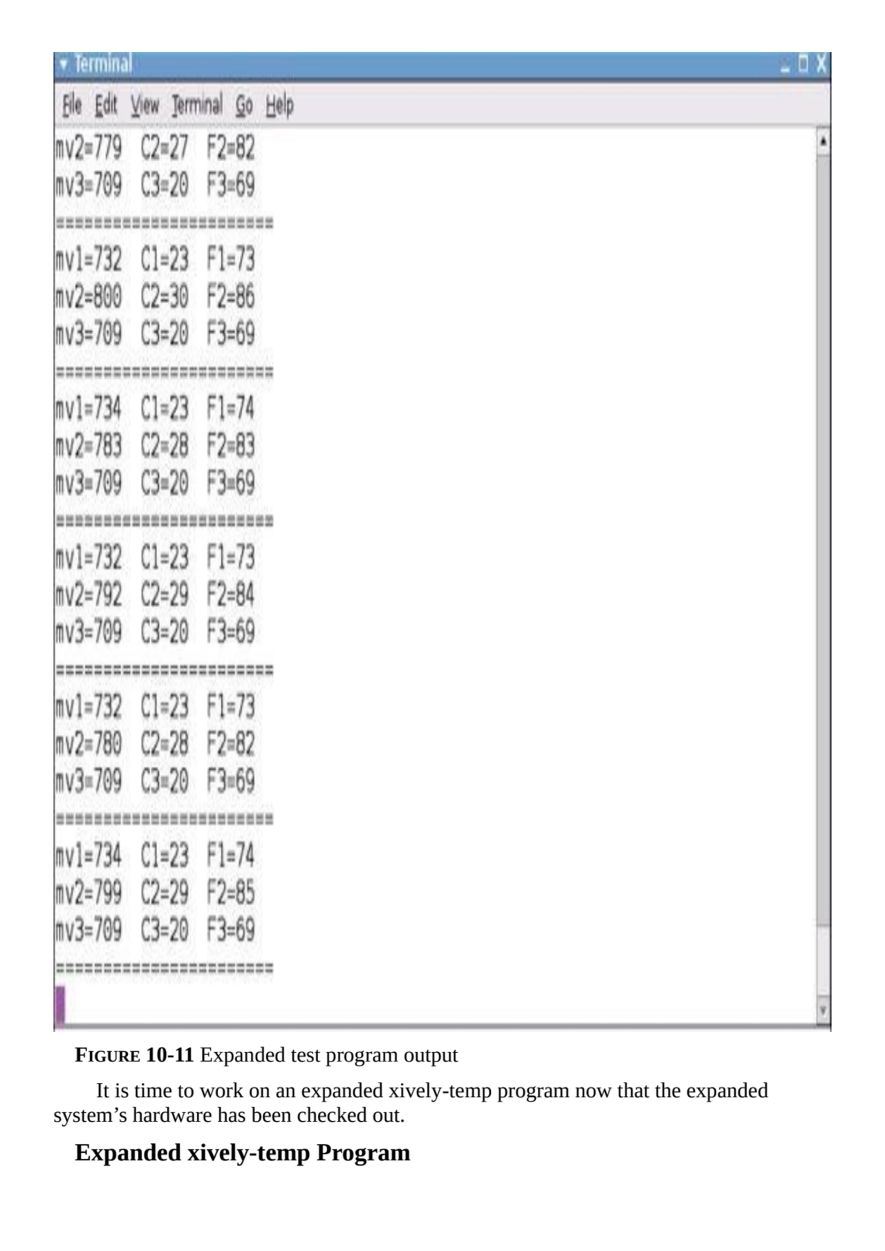 FIGURE 10-11 Expanded test program output
It is time to work on an expanded xively-temp program no…