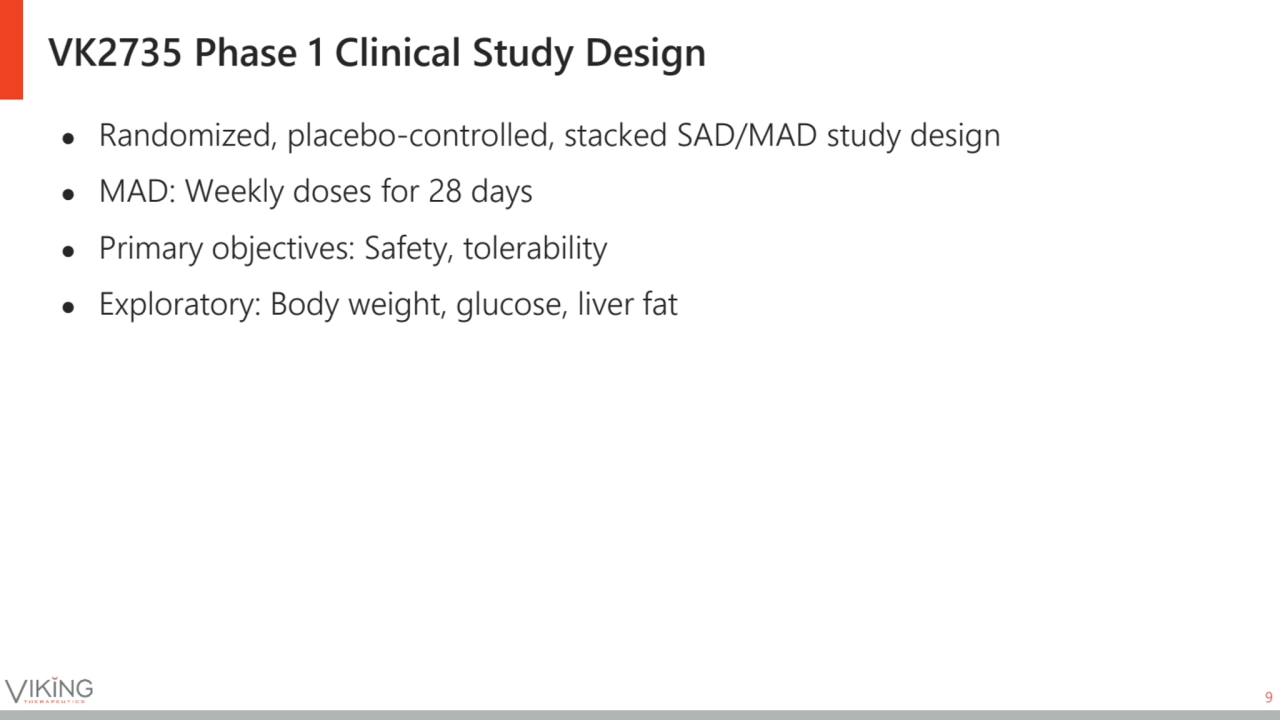 VK2735 Phase 1 Clinical Study Design
9
● Randomized, placebo-controlled, stacked SAD/MAD study de…