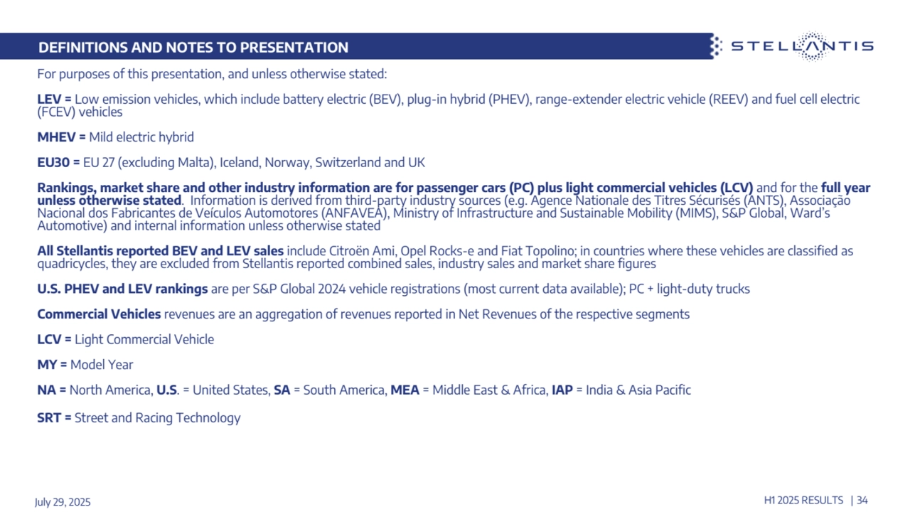 DEFINITIONS AND NOTES TO PRESENTATION
For purposes of this presentation, and unless otherwise stated:
LEV = Low emission vehicles, which include battery electric (BEV), plug-in hybrid (PHEV), range-extender electric vehicle (REEV) and fuel cell electric 
(FCEV) vehicles
MHEV = Mild electric hybrid
EU30 = EU 27 (excluding Malta), Iceland, Norway, Switzerland and UK
Rankings, market share and other industry information are for passenger cars (PC) plus light commercial vehicles (LCV) and for the full year 
unless otherwise stated. Information is derived from third-party industry sources (e.g. Agence Nationale des Titres Sécurisés (ANTS), Associação 
Nacional dos Fabricantes de Veículos Automotores (ANFAVEA), Ministry of Infrastructure and Sustainable Mobility (MIMS), S&P Global, Ward’s 
Automotive) and internal information unless otherwise stated
All Stellantis reported BEV and LEV sales include Citroën Ami, Opel Rocks-e and Fiat Topolino; in countries where these vehicles are classified as 
quadricycles, they are excluded from Stellantis reported combined sales, industry sales and market share figures
U.S. PHEV and LEV rankings are per S&P Global 2024 vehicle registrations (most current data available); PC + light-duty trucks
Commercial Vehicles revenues are an aggregation of revenues reported in Net Revenues of the respective segments
LCV = Light Commercial Vehicle
MY = Model Year
NA = North America, U.S. = United States, SA = South America, MEA = Middle East & Africa, IAP = India & Asia Pacific
SRT = Street and Racing Technology
July 29, 2025 H1 2025 RESULTS | 34