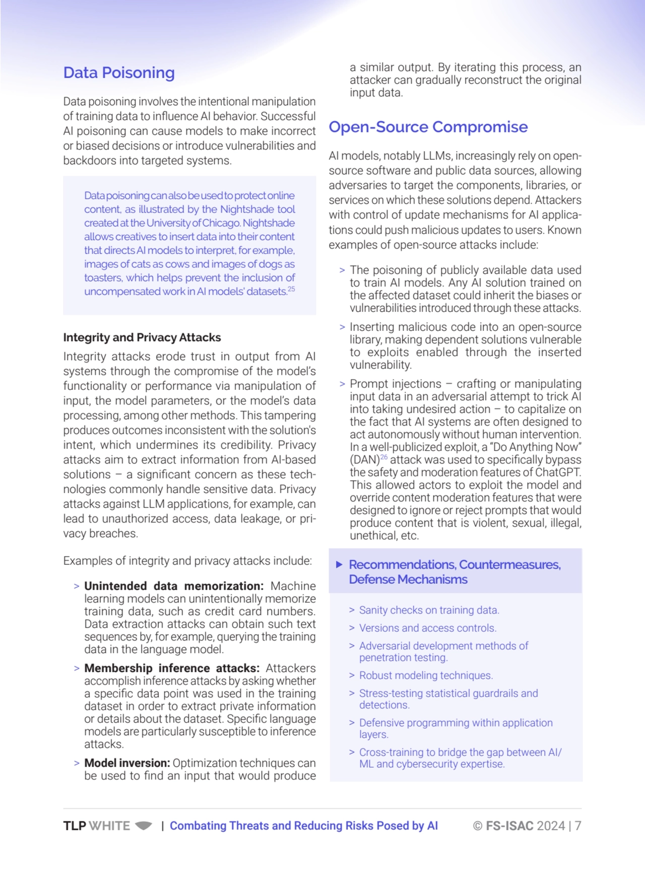 TLP WHITE | Combating Threats and Reducing Risks Posed by AI © FS-ISAC 2024 | 7
Data Poisoning
Da…