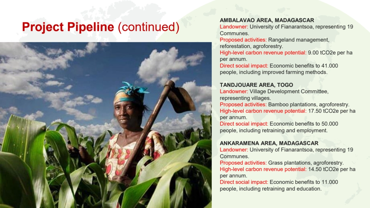 Project Pipeline (continued)
AMBALAVAO AREA, MADAGASCAR
Landowner: University of Fianarantsoa, re…