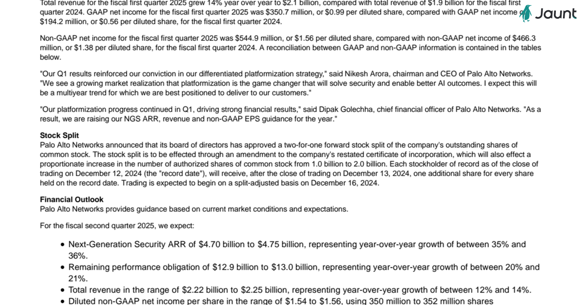 Palo Alto Networks Reports Fiscal First Quarter 2025 Financial Results