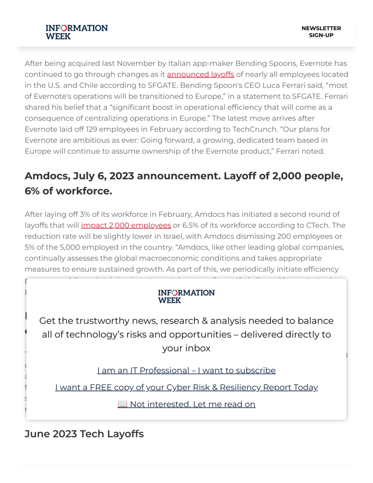 Evernote, July 7, 2023 announcement. Layoff of 98 people, all
of U.S. workforce.
After being acqu…