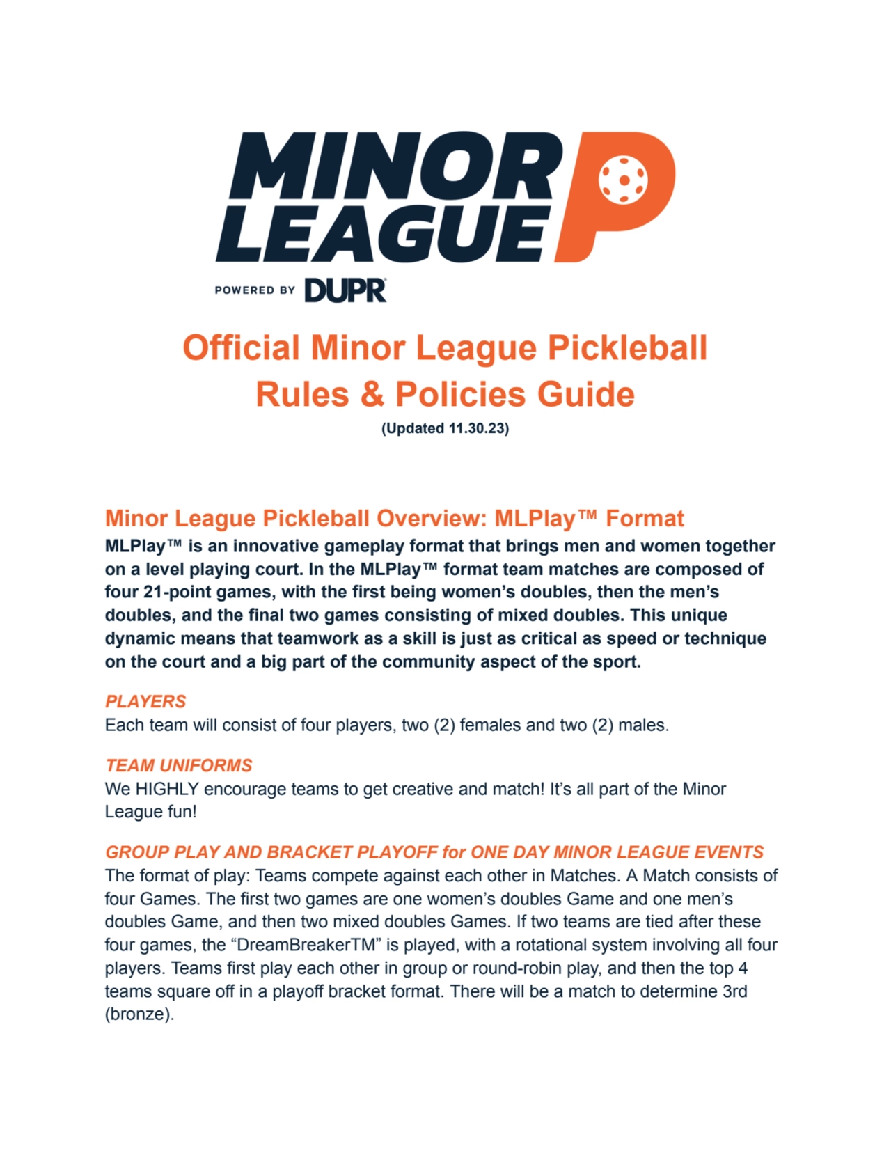 MiLP Rule & Policies Guide pickleball 