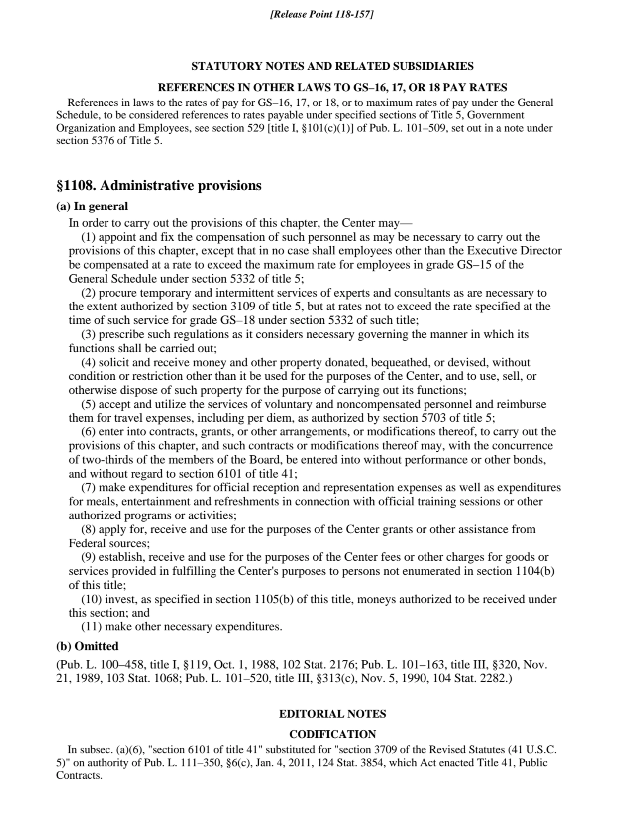 STATUTORY NOTES AND RELATED SUBSIDIARIES
REFERENCES IN OTHER LAWS TO GS–16, 17, OR 18 PAY RATES
R…