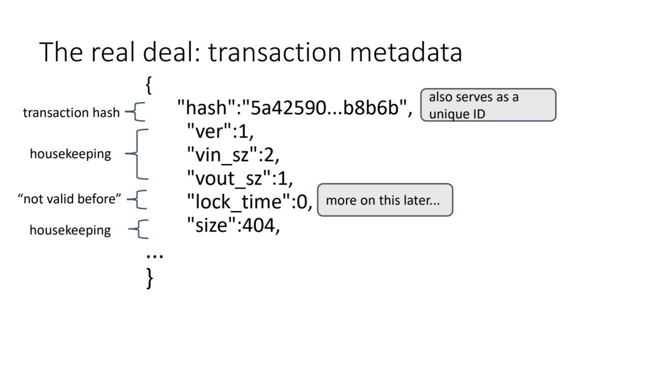 The real deal: transaction metadata
{
 "hash":"5a42590...b8b6b",
 "ver":1,
 "vin_sz":2,
 "vout…