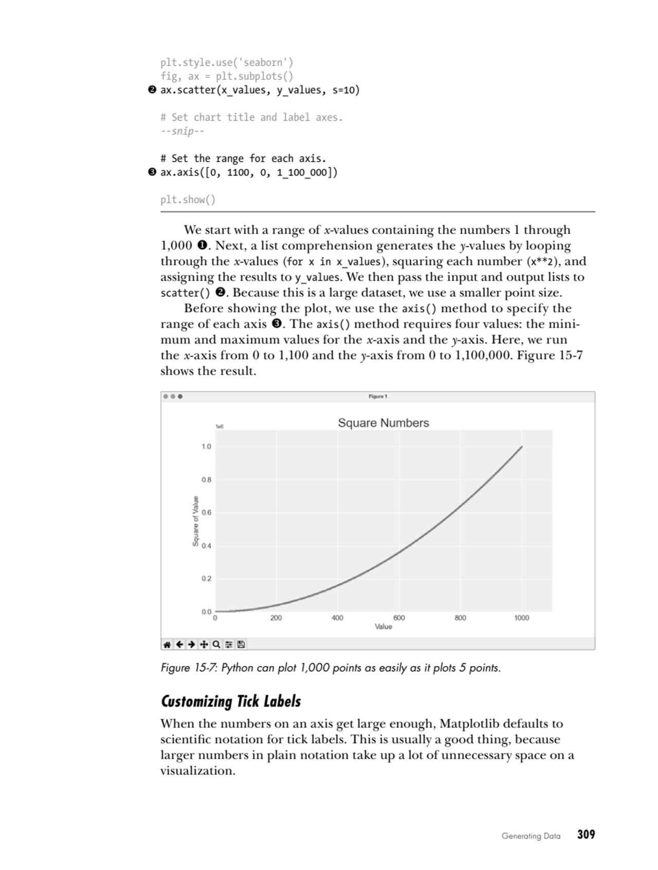 Generating Data   309
plt.style.use('seaborn')
fig, ax = plt.subplots()
2 ax.scatter(x_values, y…