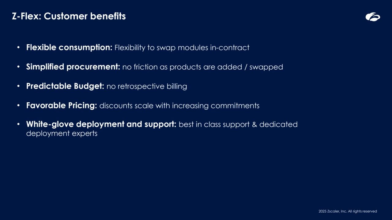 2025 Zscaler, Inc. All rights reserved
• Flexible consumption: Flexibility to swap modules in-contract
• Simplified procurement: no friction as products are added / swapped 
• Predictable Budget: no retrospective billing
• Favorable Pricing: discounts scale with increasing commitments
• White-glove deployment and support: best in class support & dedicated 
deployment experts
Z-Flex: Customer benefits