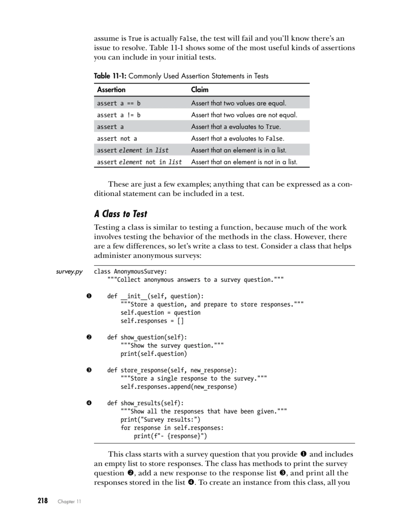 218   Chapter 11
assume is True is actually False, the test will fail and you’ll know there’s an 
…