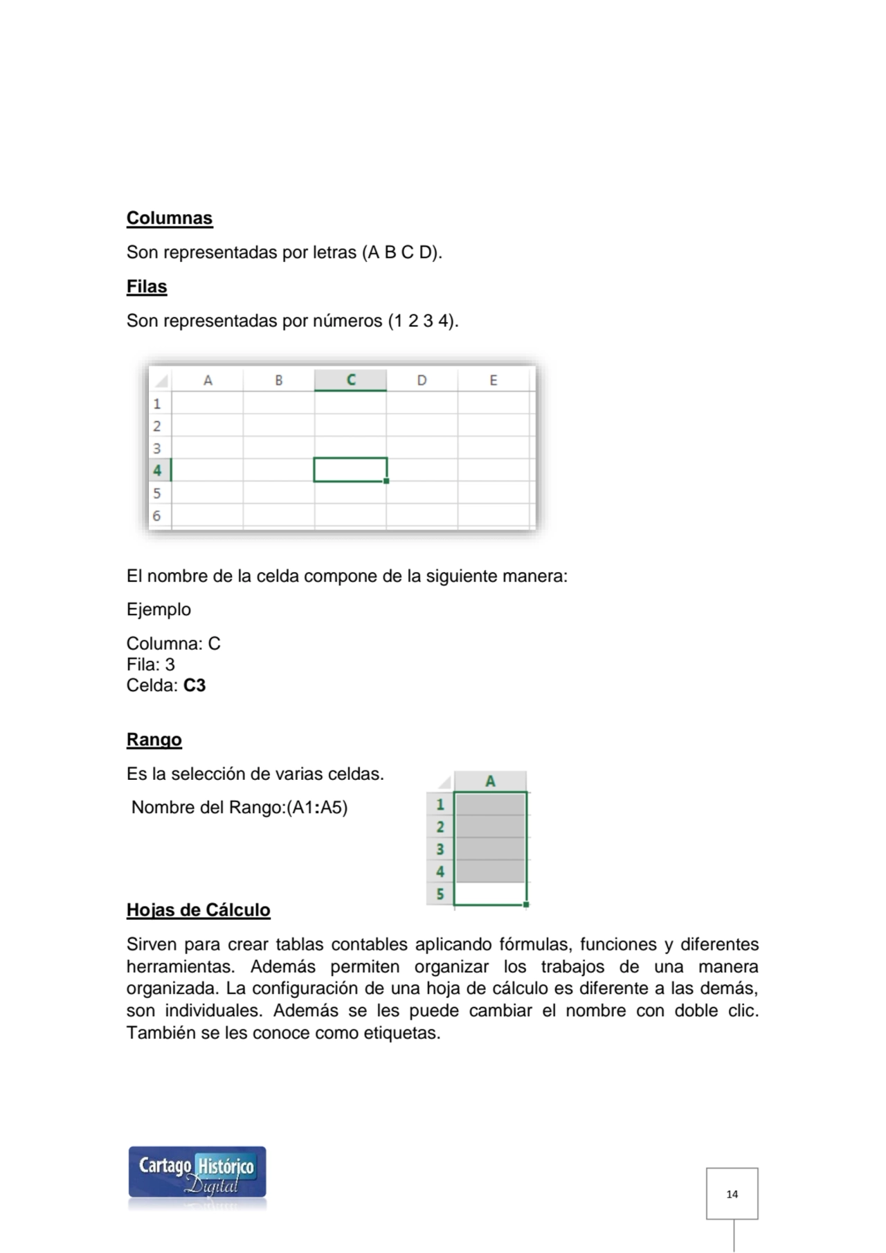 14
Columnas 
Son representadas por letras (A B C D).
Filas 
Son representadas por números (1 2 …