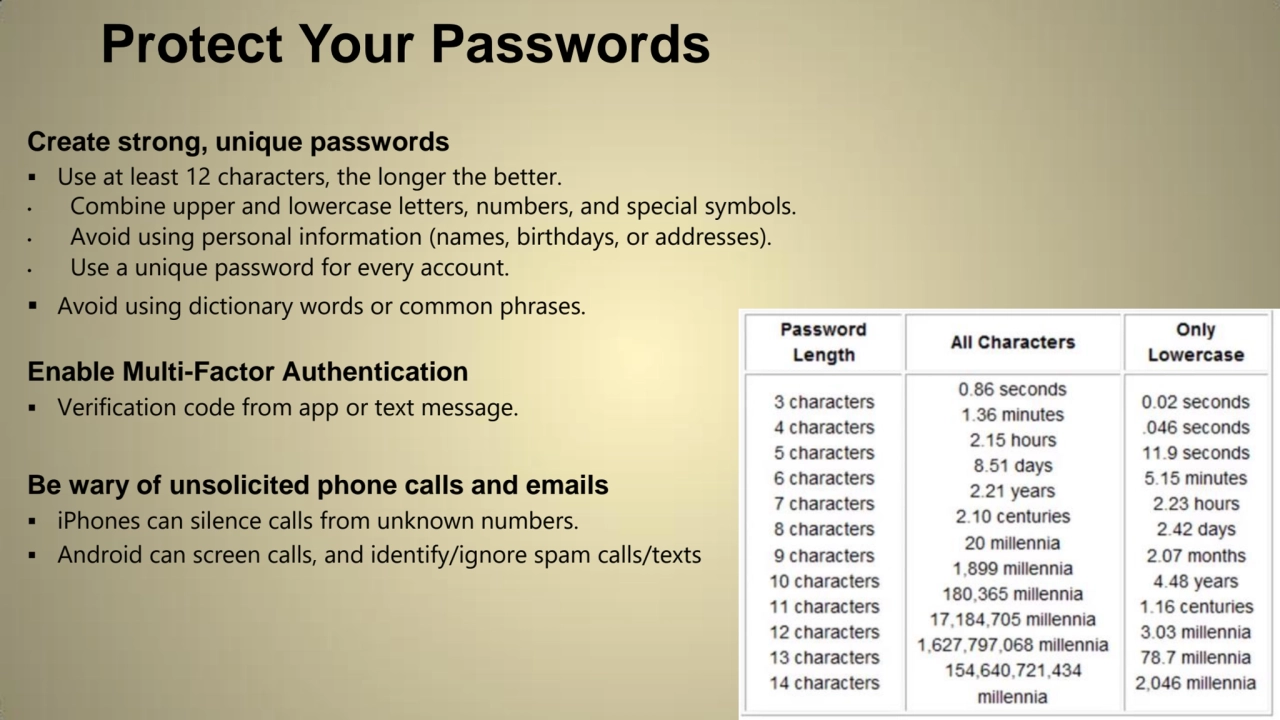 Protect Your Passwords
Create strong, unique passwords
 Use at least 12 characters, the longer t…