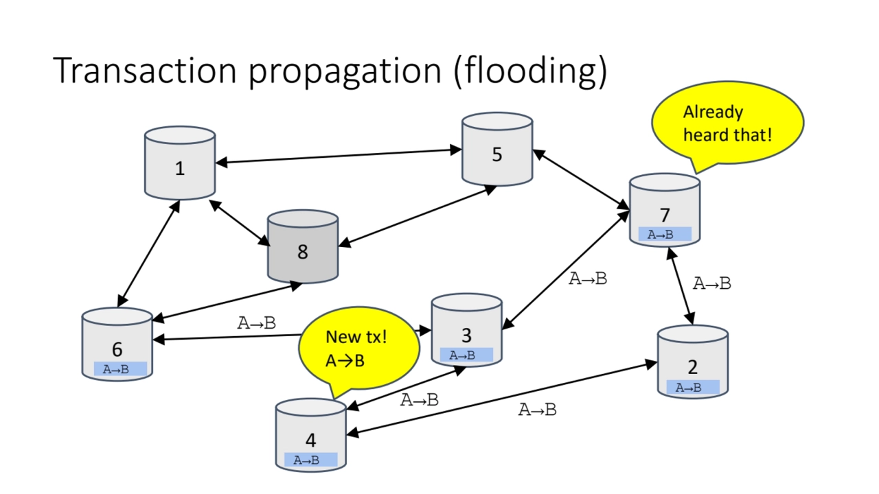 Transaction propagation (flooding)
1
6
4
7
3
5
2
8
New tx!
A→B
A→B
A→B
A→B
A→B
A→B
…