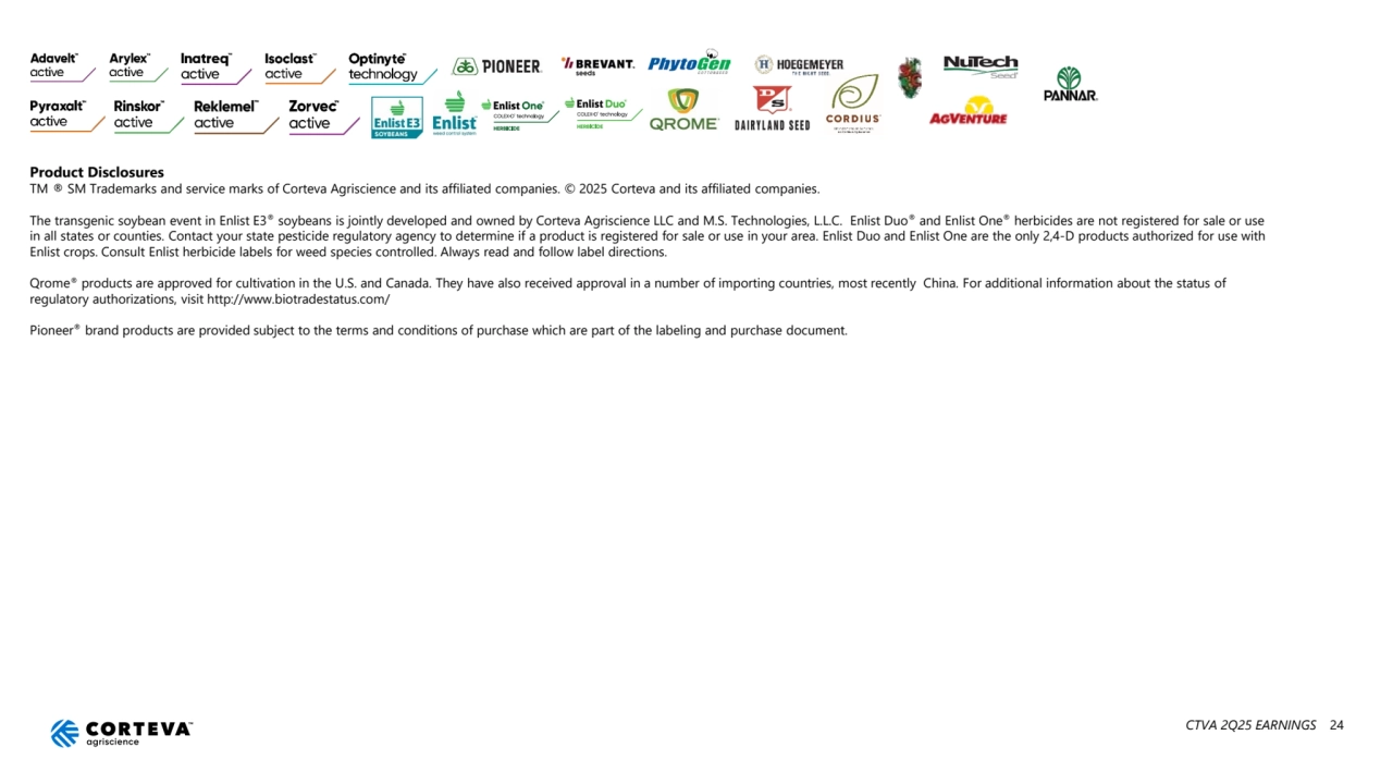 Product Disclosures
TM ® SM Trademarks and service marks of Corteva Agriscience and its affiliated companies. © 2025 Corteva and its affiliated companies.
The transgenic soybean event in Enlist E3® soybeans is jointly developed and owned by Corteva Agriscience LLC and M.S. Technologies, L.L.C. Enlist Duo® and Enlist One® herbicides are not registered for sale or use 
in all states or counties. Contact your state pesticide regulatory agency to determine if a product is registered for sale or use in your area. Enlist Duo and Enlist One are the only 2,4-D products authorized for use with 
Enlist crops. Consult Enlist herbicide labels for weed species controlled. Always read and follow label directions.
Qrome® products are approved for cultivation in the U.S. and Canada. They have also received approval in a number of importing countries, most recently China. For additional information about the status of 
regulatory authorizations, visit http://www.biotradestatus.com/
Pioneer® brand products are provided subject to the terms and conditions of purchase which are part of the labeling and purchase document.
CTVA 2Q25 EARNINGS 24
