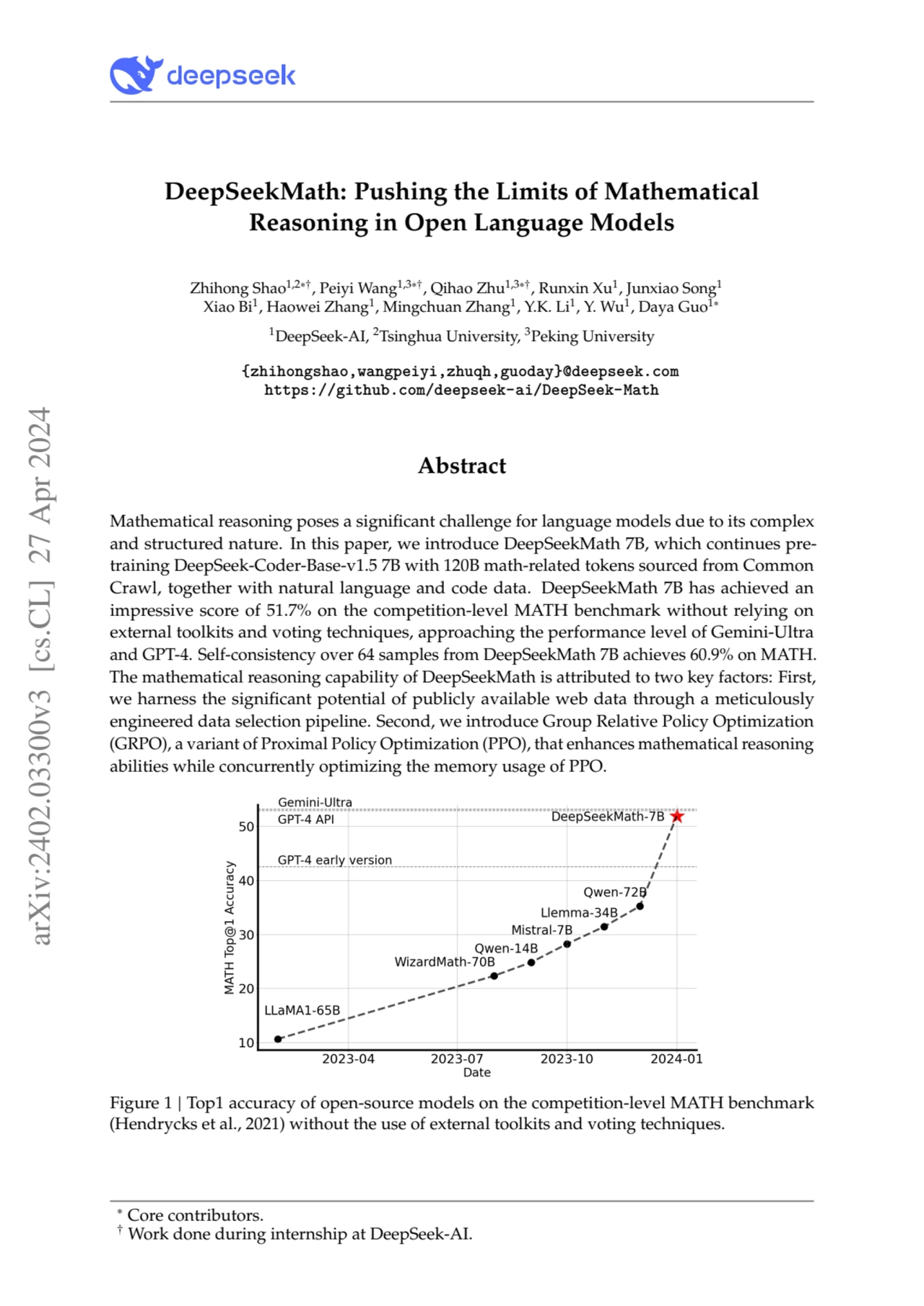 DeepSeekMath: Pushing the Limits of Mathematical
Reasoning in Open Language Models
Zhihong Shao1,…