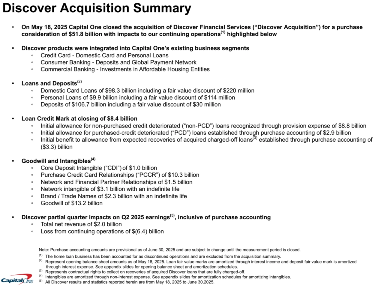 Discover Acquisition Summary 
• On May 18, 2025 Capital One closed the acquisition of Discover Financial Services (“Discover Acquisition”) for a purchase 
consideration of $51.8 billion with impacts to our continuing operations(1) highlighted below
• Discover products were integrated into Capital One’s existing business segments
◦ Credit Card - Domestic Card and Personal Loans
◦ Consumer Banking - Deposits and Global Payment Network
◦ Commercial Banking - Investments in Affordable Housing Entities
• Loans and Deposits(2)
◦ Domestic Card Loans of $98.3 billion including a fair value discount of $220 million 
◦ Personal Loans of $9.9 billion including a fair value discount of $114 million
◦ Deposits of $106.7 billion including a fair value discount of $30 million
• Loan Credit Mark at closing of $8.4 billion
◦ Initial allowance for non-purchased credit deteriorated (“non-PCD”) loans recognized through provision expense of $8.8 billion 
◦ Initial allowance for purchased-credit deteriorated (“PCD”) loans established through purchase accounting of $2.9 billion
◦ Initial benefit to allowance from expected recoveries of acquired charged-off loans(3) established through purchase accounting of 
($3.3) billion 
• Goodwill and Intangibles(4)
◦ Core Deposit Intangible (“CDI”) of $1.0 billion
◦ Purchase Credit Card Relationships (“PCCR”) of $10.3 billion
◦ Network and Financial Partner Relationships of $1.5 billion
◦ Network intangible of $3.1 billion with an indefinite life
◦ Brand / Trade Names of $2.3 billion with an indefinite life
◦ Goodwill of $13.2 billion
• Discover partial quarter impacts on Q2 2025 earnings(5), inclusive of purchase accounting 
◦ Total net revenue of $2.0 billion
◦ Loss from continuing operations of $(6.4) billion
Note: Purchase accounting amounts are provisional as of June 30, 2025 and are subject to change until the measurement period is closed.
(1) The home loan business has been accounted for as discontinued operations and are excluded from the acquisition summary.
(2) Represent opening balance sheet amounts as of May 18, 2025. Loan fair value marks are amortized through interest income and deposit fair value mark is amortized 
through interest expense. See appendix slides for opening balance sheet and amortization schedules. 
(3) Represents contractual rights to collect on recoveries of acquired Discover loans that are fully charged-off.
(4) Intangibles are amortized through non-interest expense. See appendix slides for amortization schedules for amortizing intangibles. 
(5) All Discover results and statistics reported herein are from May 18, 2025 to June 30,2025.