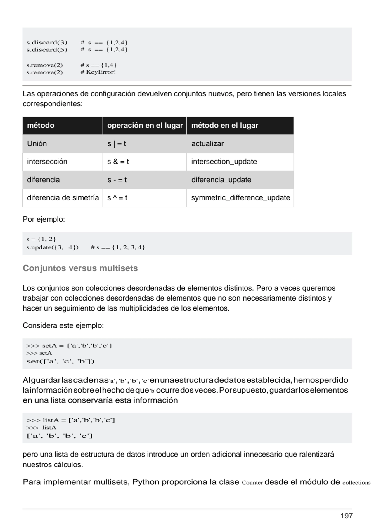 197
s = {1, 2}
s.update({3, 4}) # s == {1, 2, 3, 4}
>>> setA = {'a','b','b','c'}
>>> setA
set(…