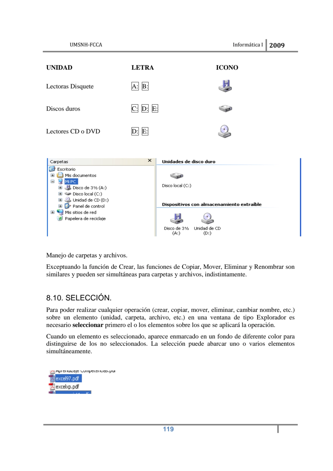 UMSNH-FCCA Informática I 2009
 119
UNIDAD LETRA ICONO 
Lectoras Disquete A: B: 
Discos duros C:…