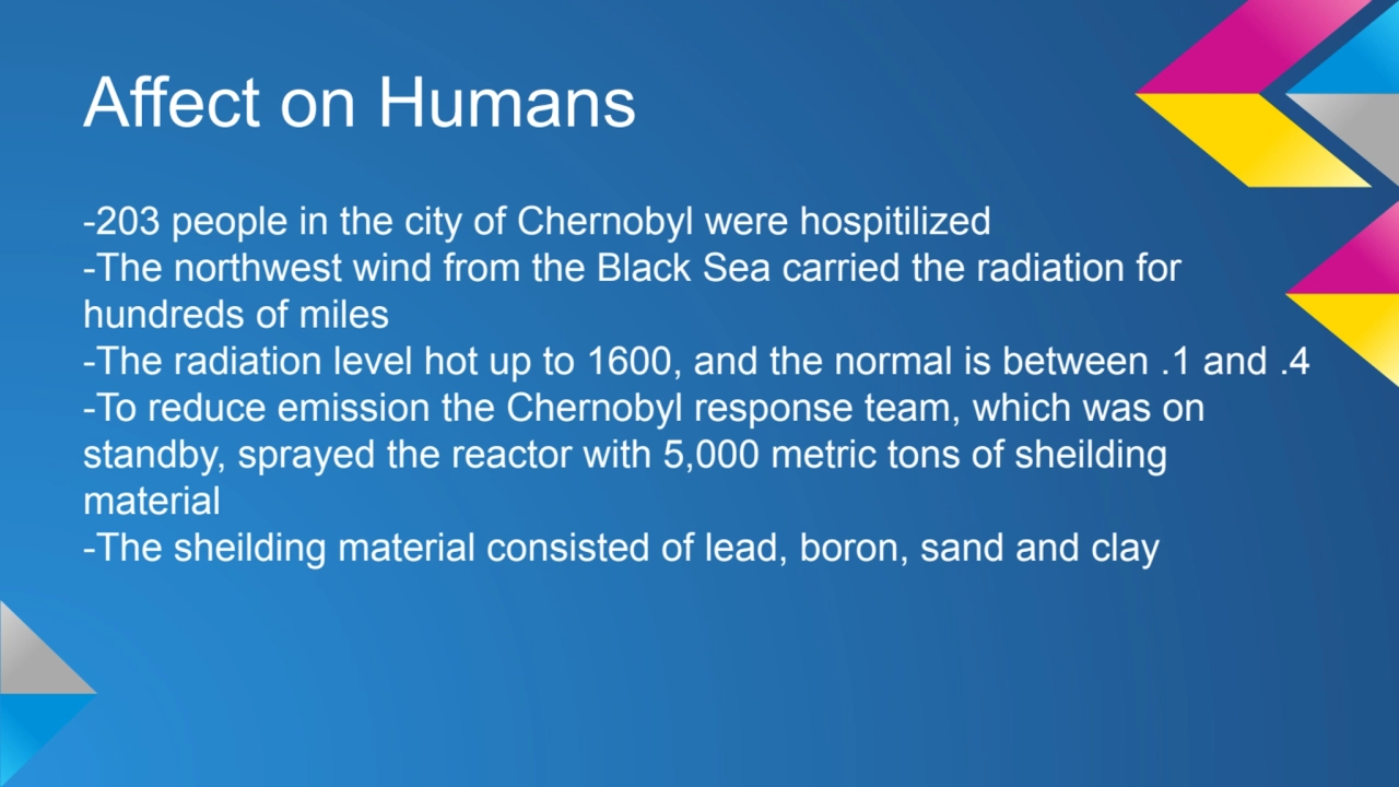 Affect on Humans
-203 people in the city of Chernobyl were hospitilized 
-The northwest wind from…