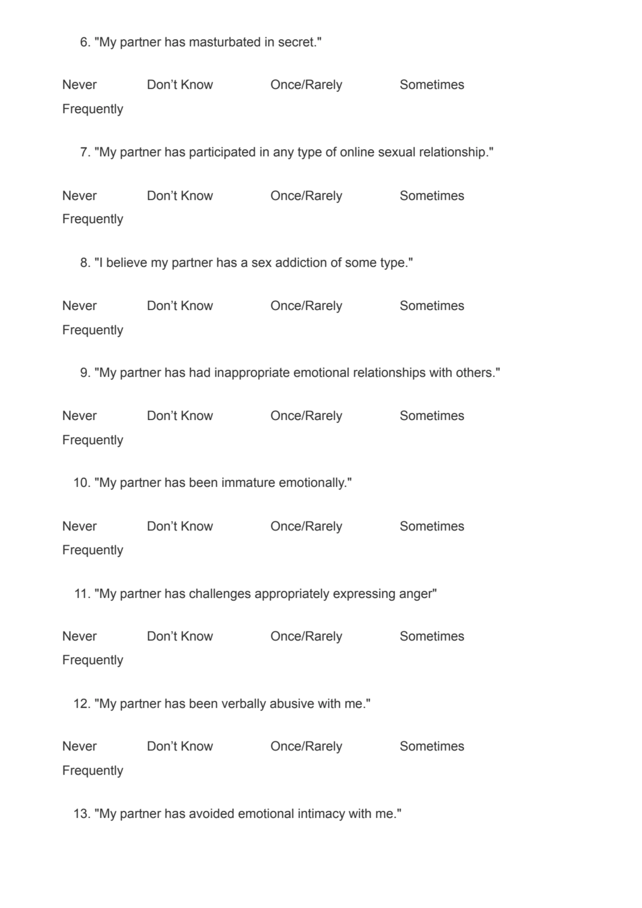 6. "My partner has masturbated in secret."
Never Don’t Know Once/Rarely Sometimes 
Frequently
7.…