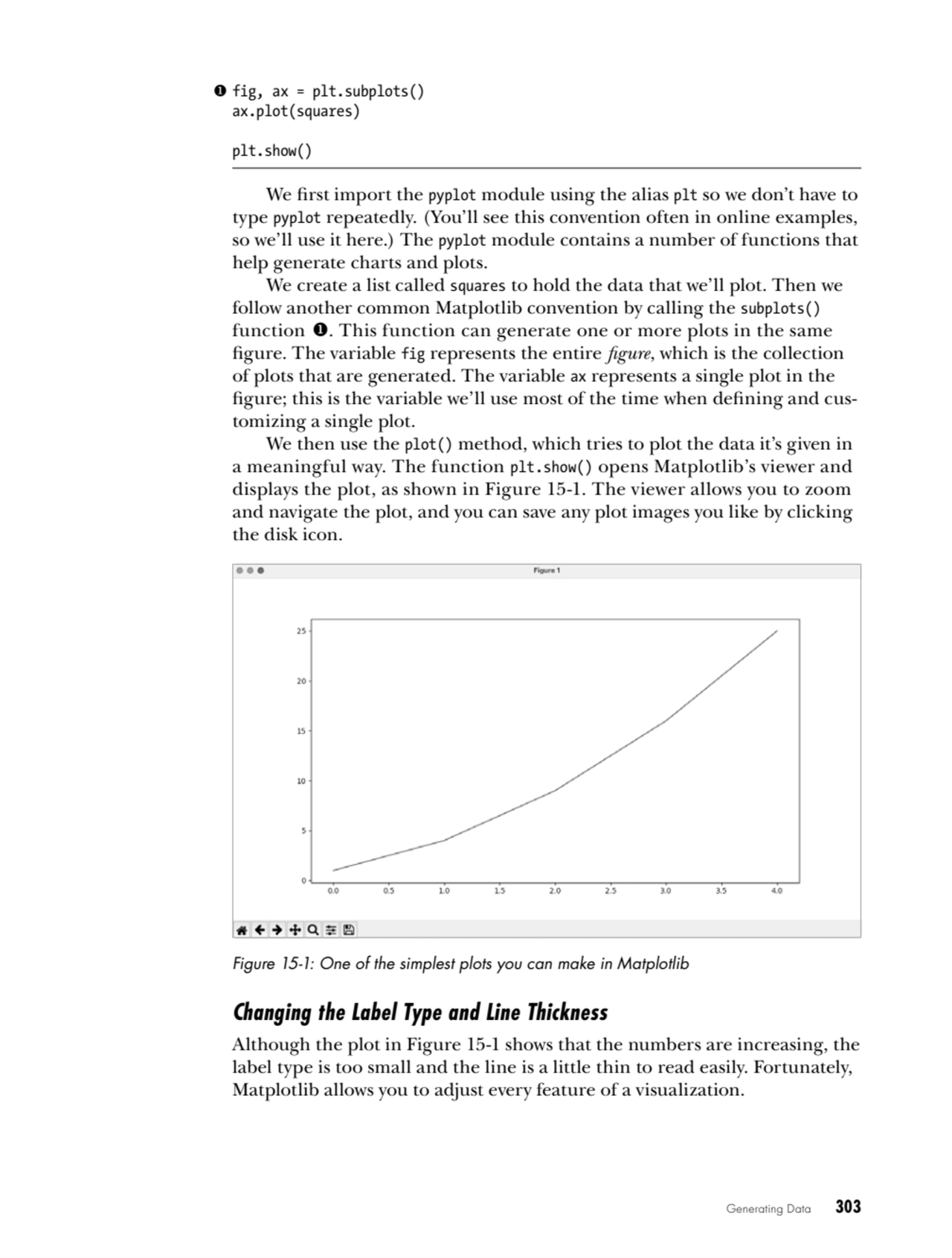 Generating Data   303
1 fig, ax = plt.subplots()
ax.plot(squares)
plt.show()
We first import th…