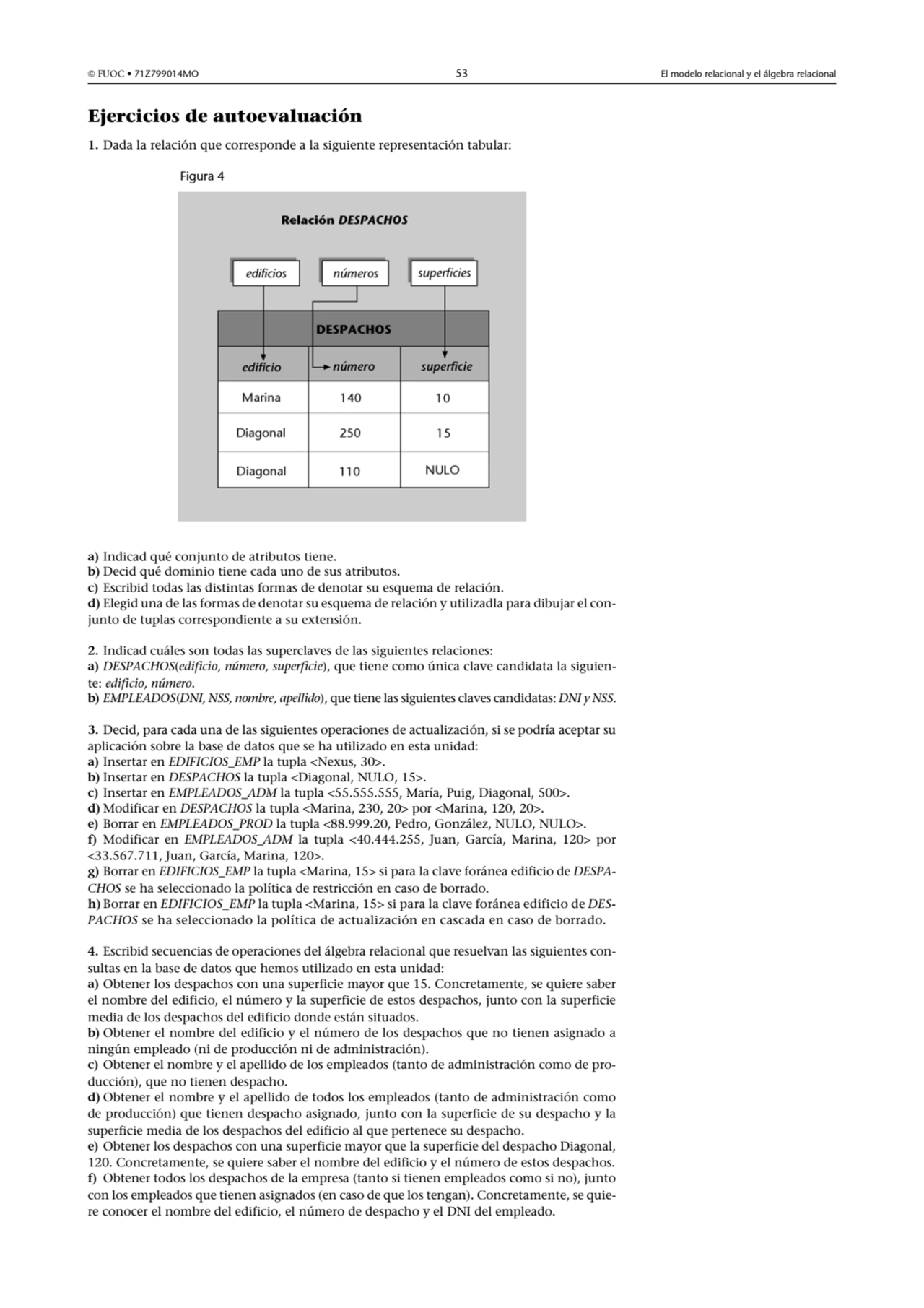  FUOC • 71Z799014MO 53 El modelo relacional y el álgebra relacional
Ejercicios de autoevaluación
…