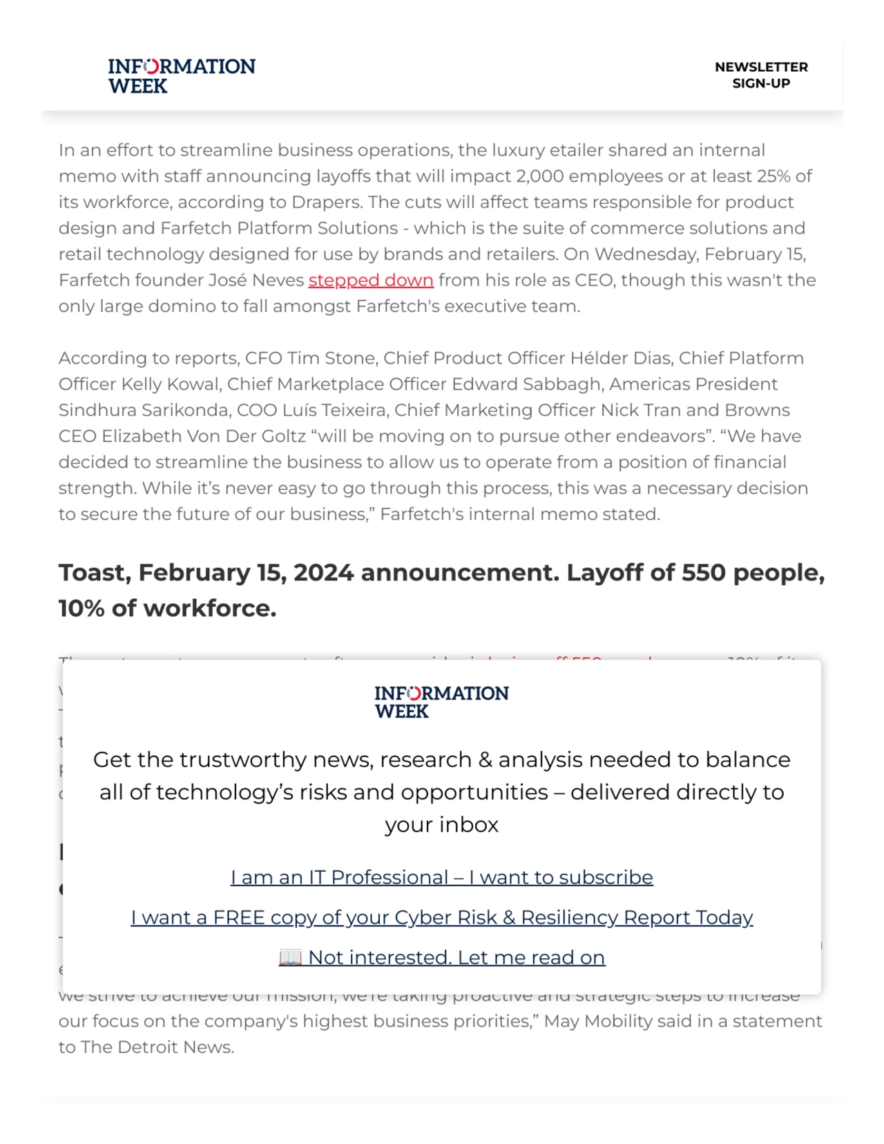 Farfetch, February 16, 2024 announcement. Layoff of 2,000
people, 25% of workforce.
In an effort …