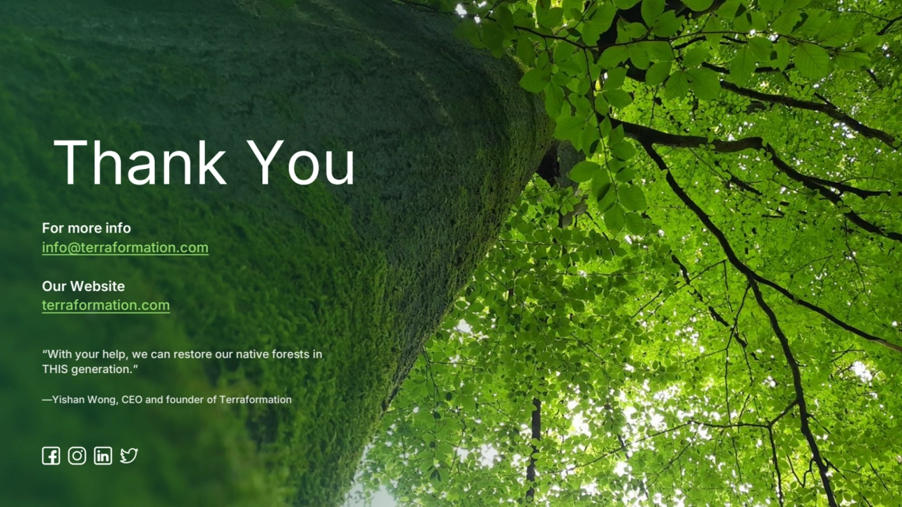 Thank You
“With your help, we can restore our native forests in 
THIS generation.”
—Yishan Wong,…