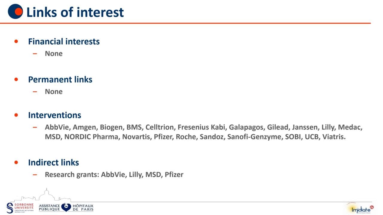 • Financial interests
– None
• Permanent links
– None
• Interventions
– AbbVie, Amgen, Biogen,…