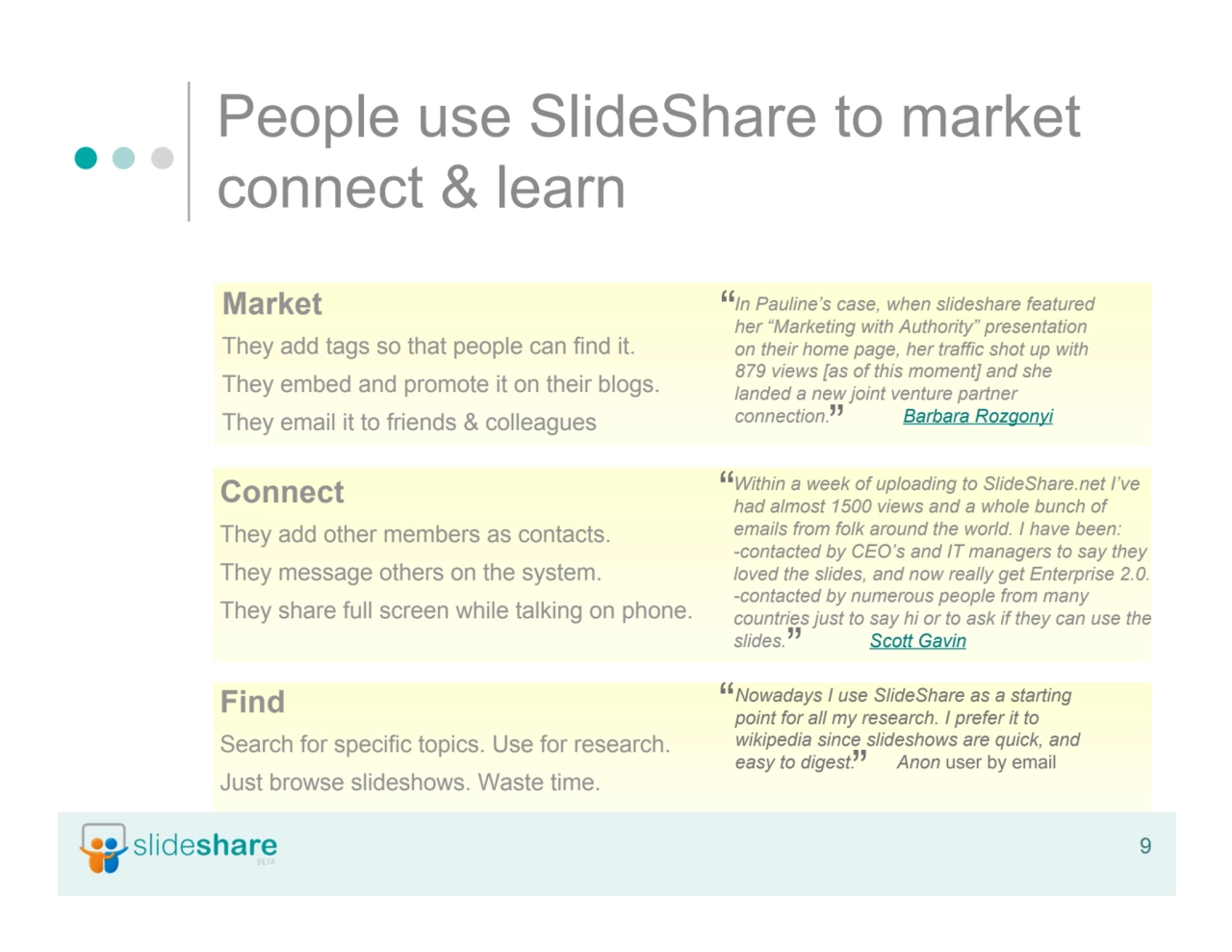 9
People use SlideShare to market
connect & learn
“
In Pauline’s case, when slideshare featured…