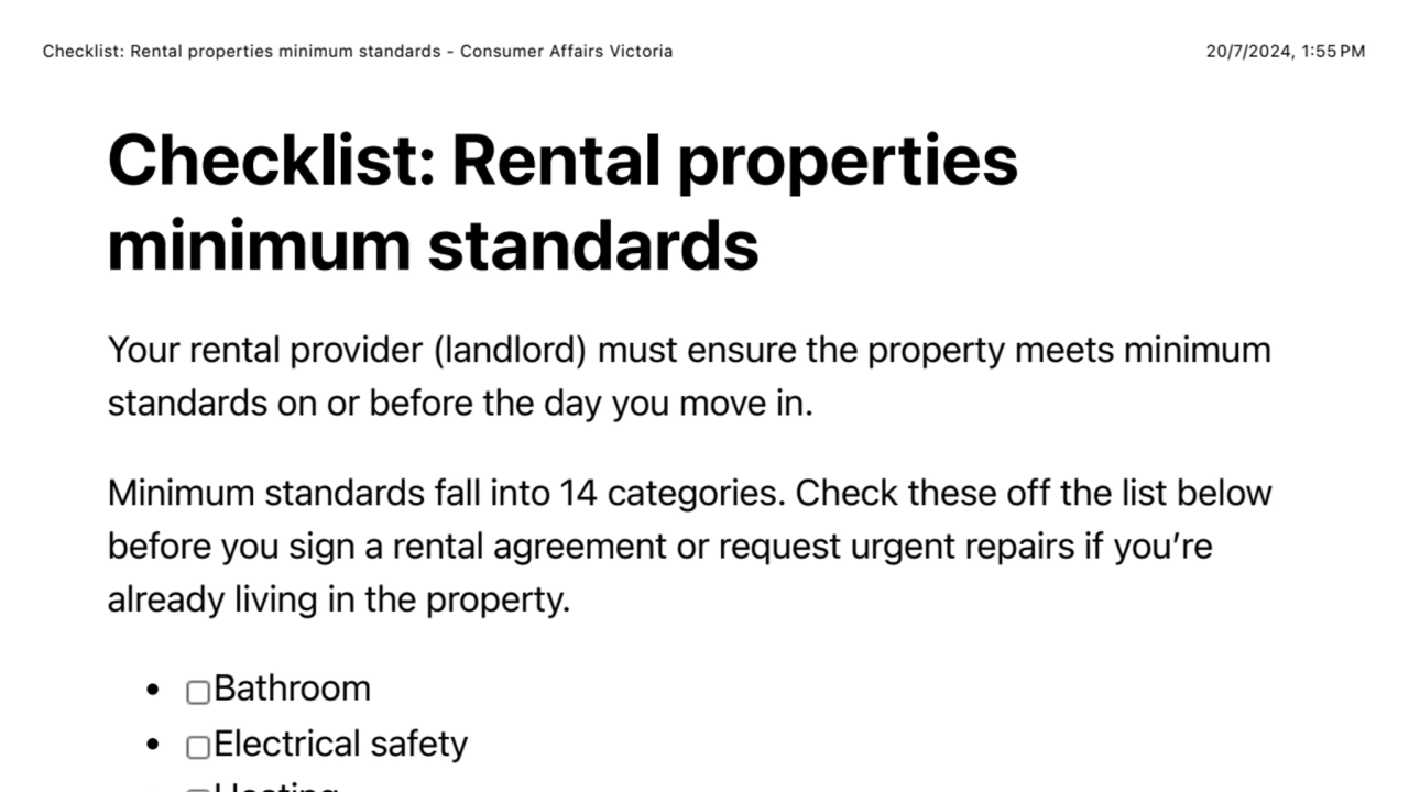 Checklist: Rental properties minimum standards - Consumer Affairs Victoria