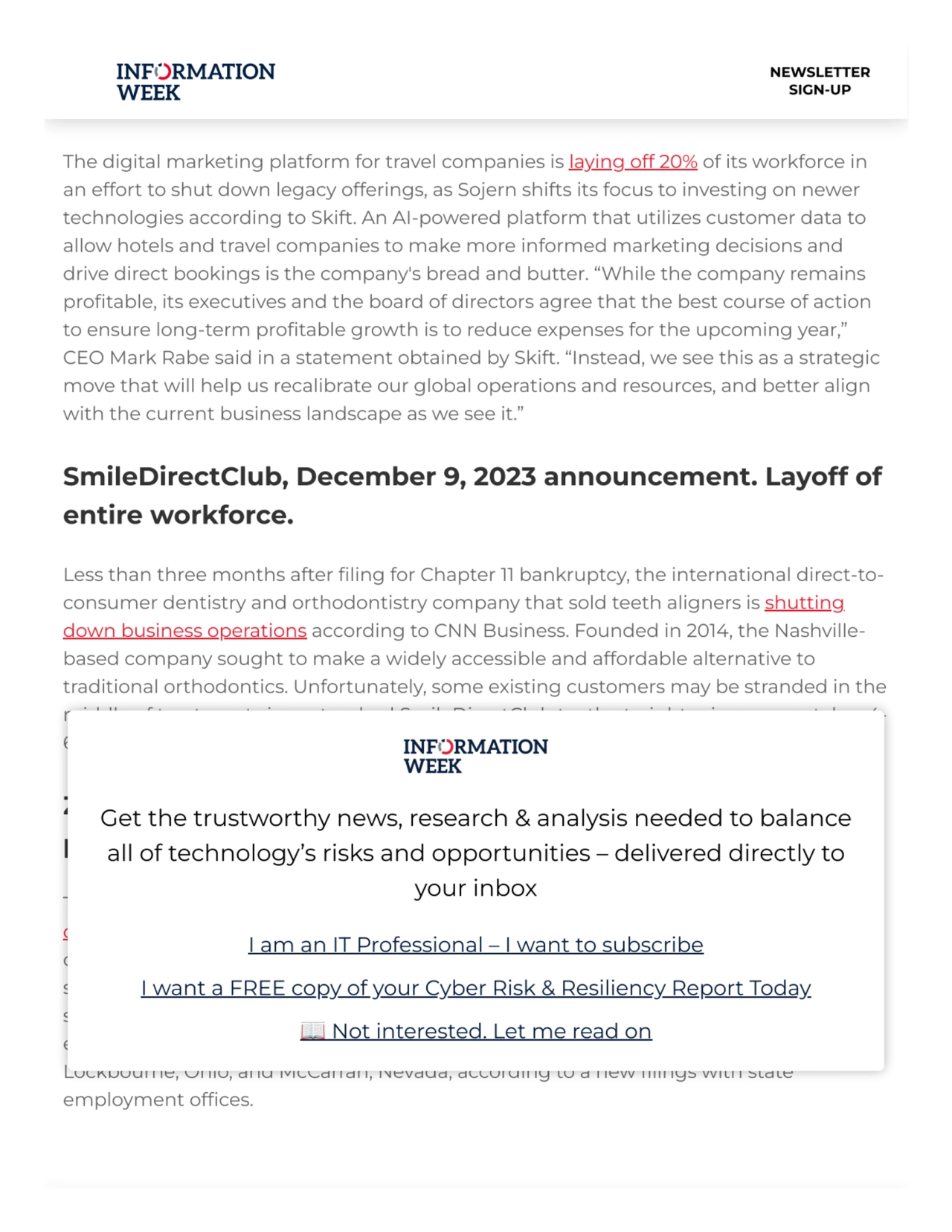 Sojern, December 13, 2023 announcement. Layoff of at least
100 people, 20% of workforce.
The digi…