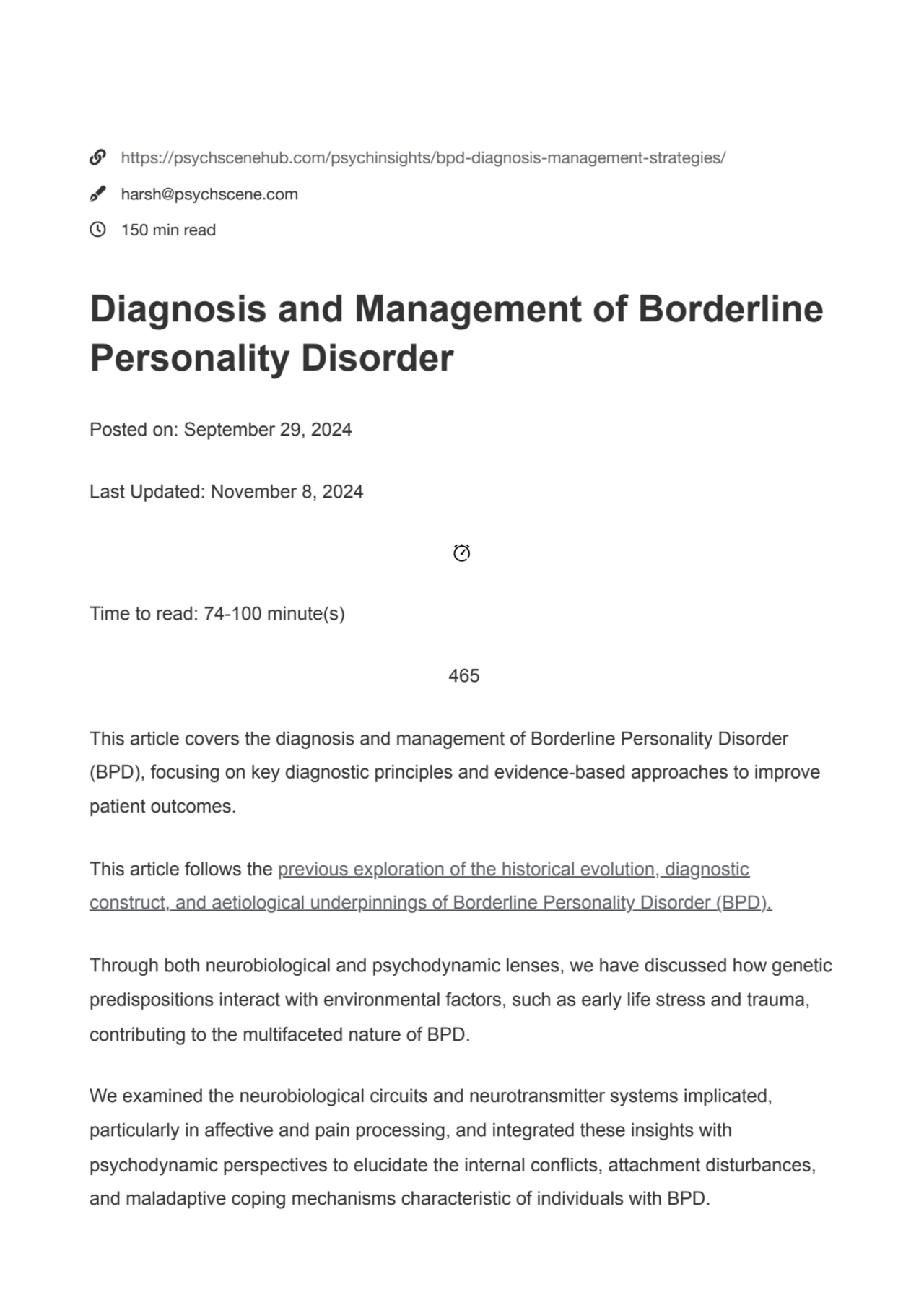 Borderline Personality Disorder (BPD):Diagnosis and Management