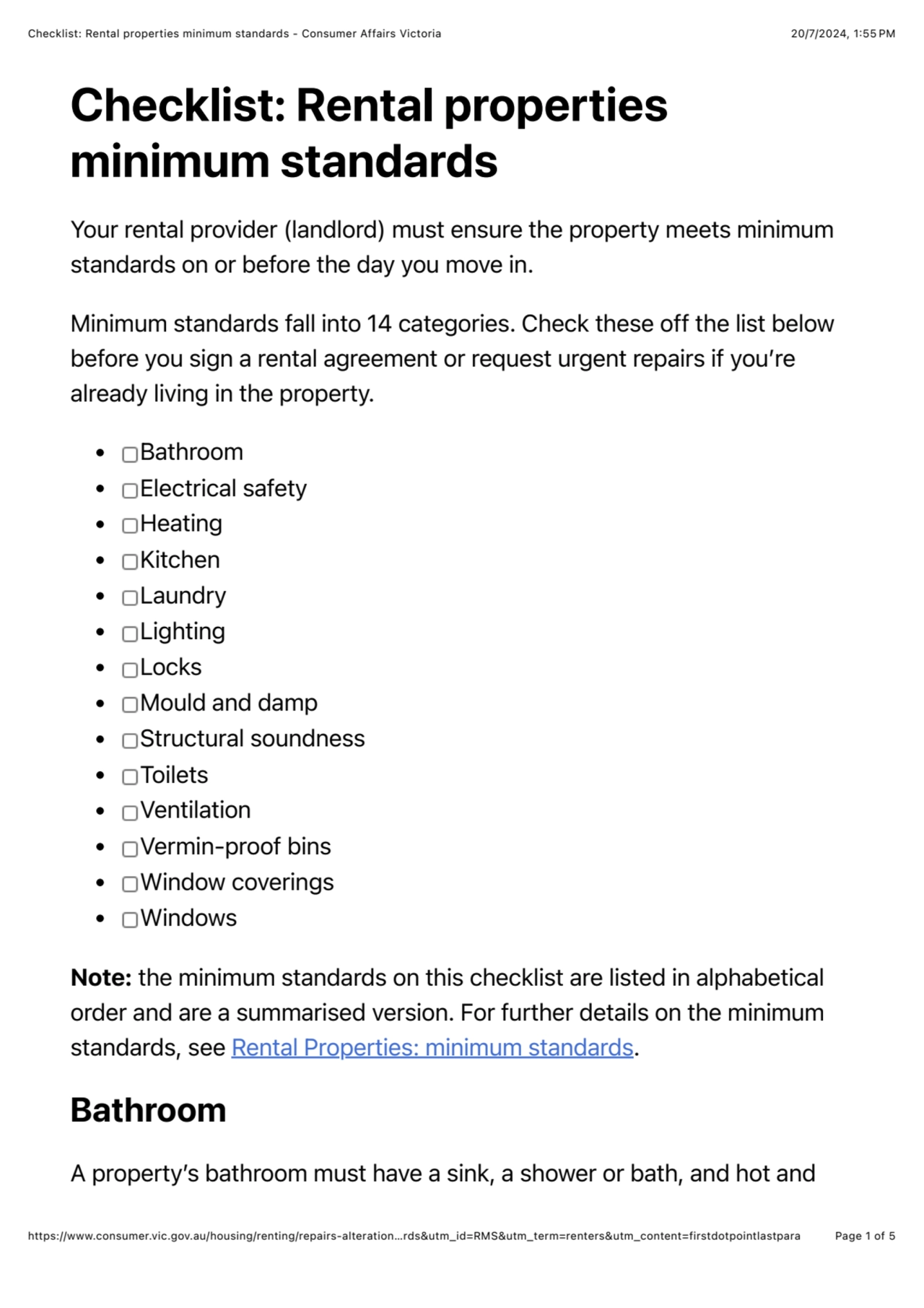 Checklist: Rental properties minimum standards - Consumer Affairs Victoria