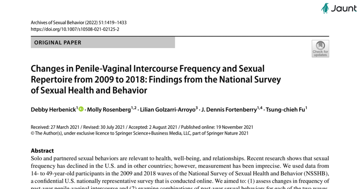 Changes in Penile-Vaginal Intercourse Frequency and Sexual Repertoire from 2009 to 2018: Findings from the National Survey of Sexual Health and Behavior