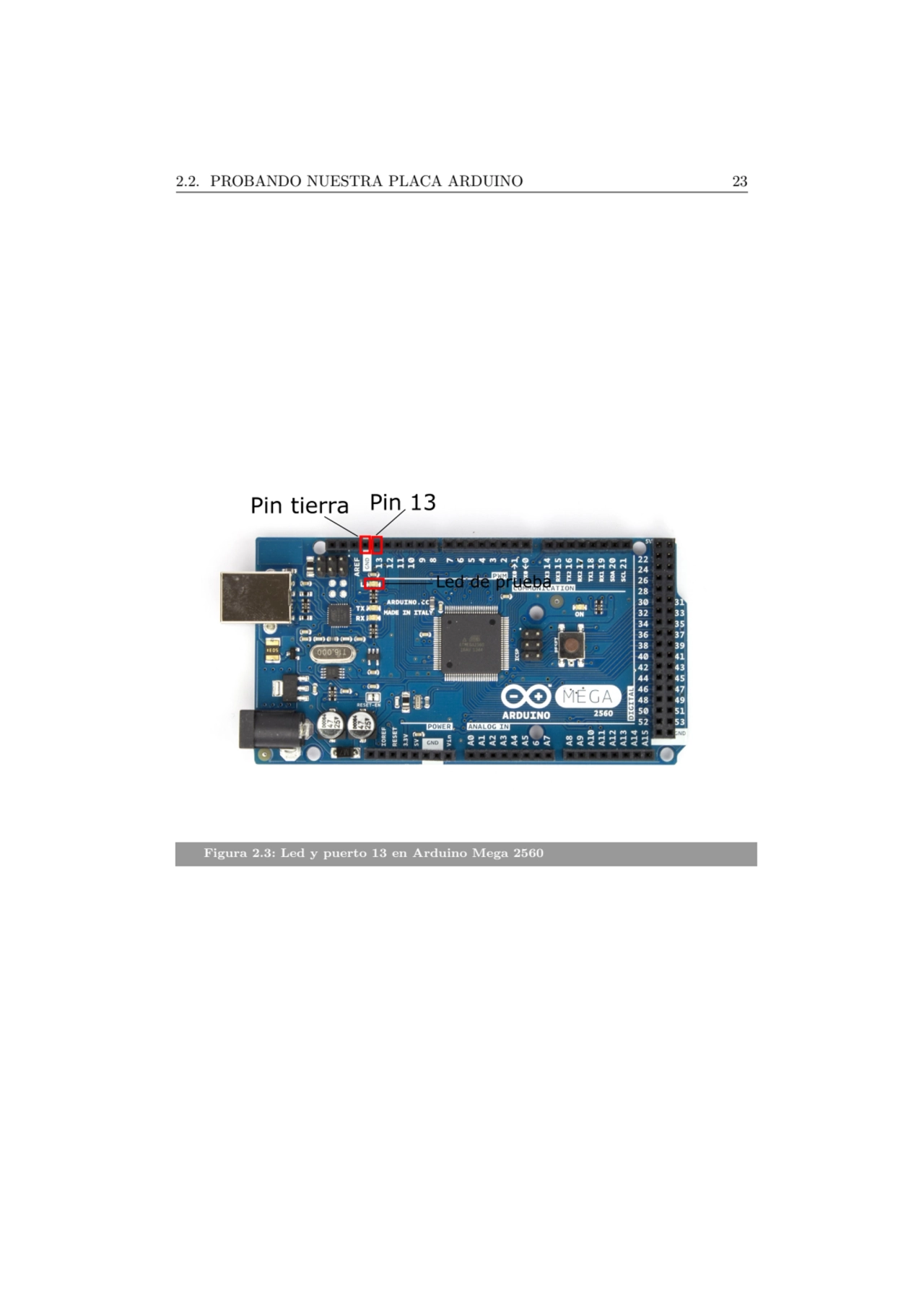 2.2. PROBANDO NUESTRA PLACA ARDUINO 23
Figura 2.3: Led y puerto 13 en Arduino Mega 2560