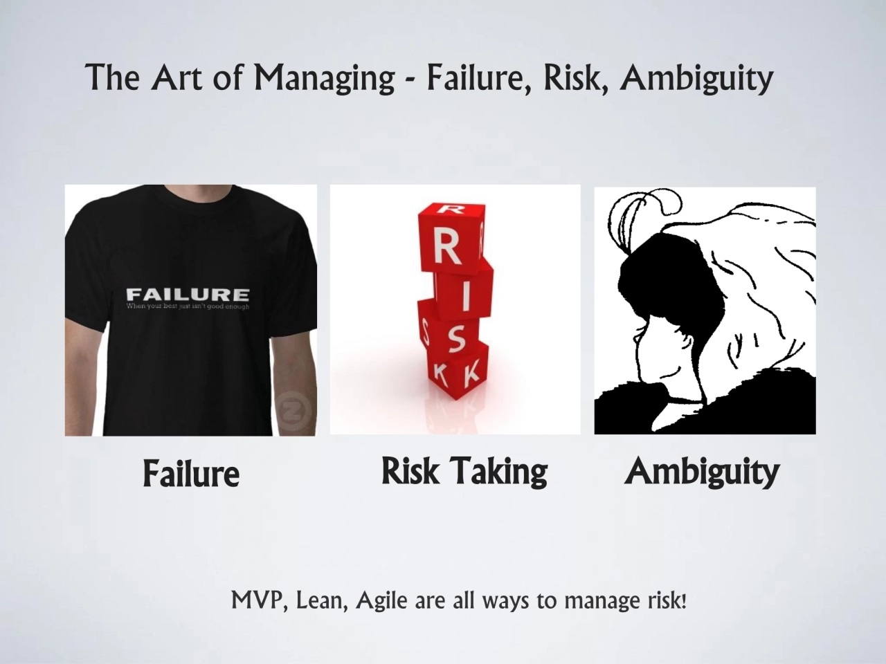 The Art of Managing - Failure, Risk, Ambiguity
Failure Risk Taking Ambiguity
MVP, Lean, Agile are…