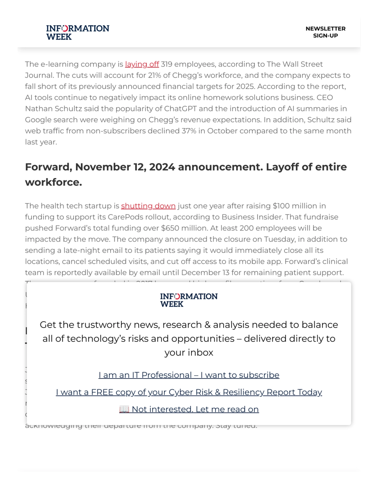 Chegg, November 12, 2024 announcement. Layoff of 319
people, 21% of workforce.
The e-learning com…