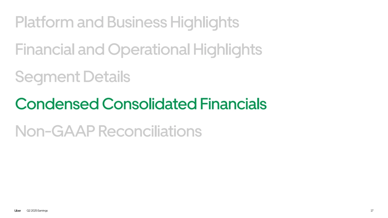 Q2 2025 Earnings 17
Segment Details
Non-GAAP Reconciliations
Platform and Business Highlights
Financial and Operational Highlights
Condensed Consolidated Financials