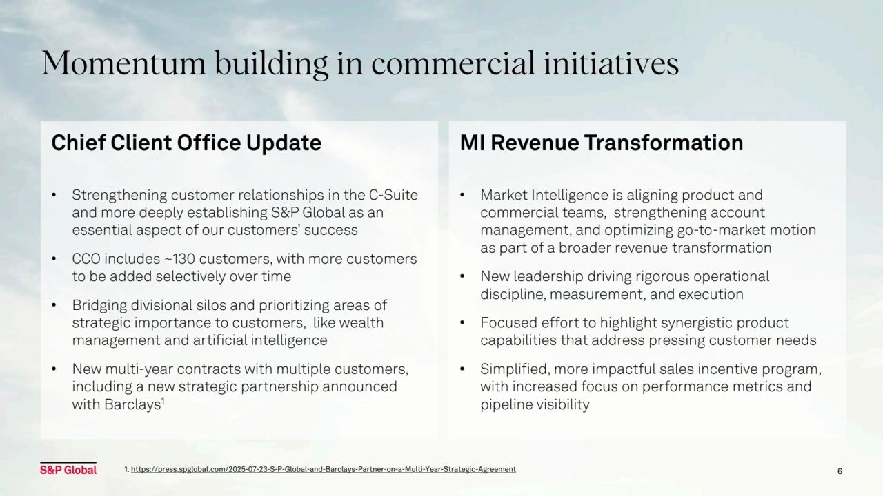 6
Momentum building in commercial initiatives
Chief Client Office Update
• Strengthening customer relationships in the C-Suite 
and more deeply establishing S&P Global as an 
essential aspect of our customers’ success
• CCO includes ~130 customers, with more customers 
to be added selectively over time
• Bridging divisional silos and prioritizing areas of 
strategic importance to customers, like wealth 
management and artificial intelligence
• New multi-year contracts with multiple customers, 
including a new strategic partnership announced 
with Barclays1
MI Revenue Transformation
• Market Intelligence is aligning product and 
commercial teams, strengthening account 
management, and optimizing go-to-market motion 
as part of a broader revenue transformation
• New leadership driving rigorous operational 
discipline, measurement, and execution
• Focused effort to highlight synergistic product 
capabilities that address pressing customer needs
• Simplified, more impactful sales incentive program, 
with increased focus on performance metrics and 
pipeline visibility
1. https://press.spglobal.com/2025-07-23-S-P-Global-and-Barclays-Partner-on-a-Multi-Year-Strategic-Agreement