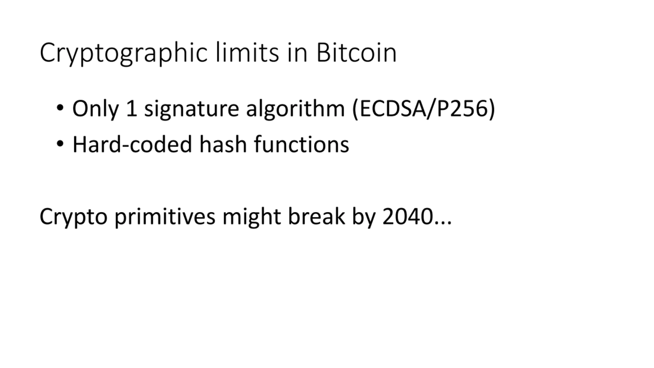 Cryptographic limits in Bitcoin
• Only 1 signature algorithm (ECDSA/P256)
• Hard-coded hash funct…